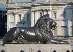 One of the 'Landseer' lions in Trafalgar Square, London